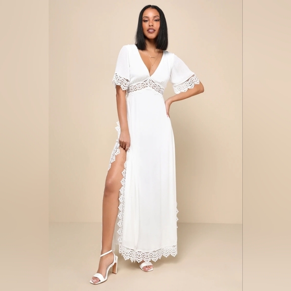 Lulus Sweeten the Occasion White Lace Short Sleeve Maxi Dress M Wedding Party - Picture 2 of 10